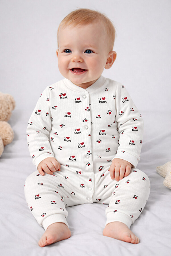 OMY %100 Pamuklu 3-6-9 Ay Desenli Tulum&hastane Çıkışı Yenidoğan Mom&Dad Baskılı Tulum Extra Konfor