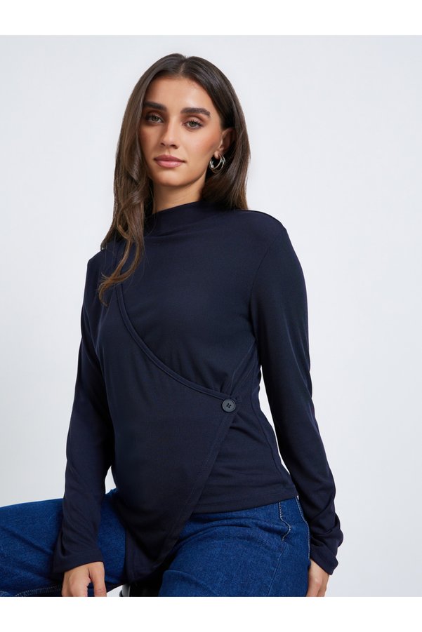 Styli Women Navy Blue Long-Sleeve Wrap Top