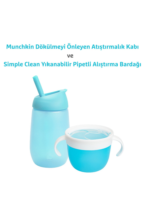 Munchkin Dökülmez Atıştırmalık Kabı +Simple Clean Pipetli Alıştırma Bardağı Mavi Set(12 Ay+)