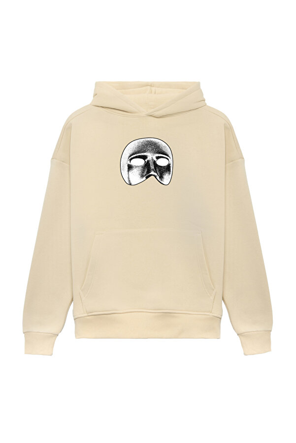 Unisex Maske Baskılı Oversize Bol Kesim Pamuklu 3 İplik Şardonlu Bej Kapüşonlu Sweatshirt