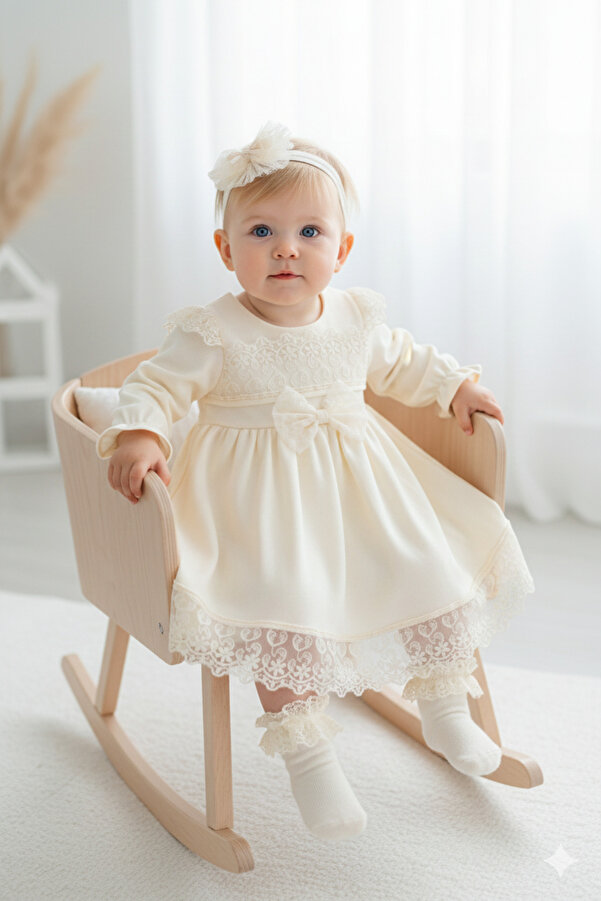 Miniday Baby Kız Bebek Mevlütlük Elbise Bandanalı Dantelli Yeni doğan Hastane çıkışı Gelinlik Abiye Mevlitlik 62