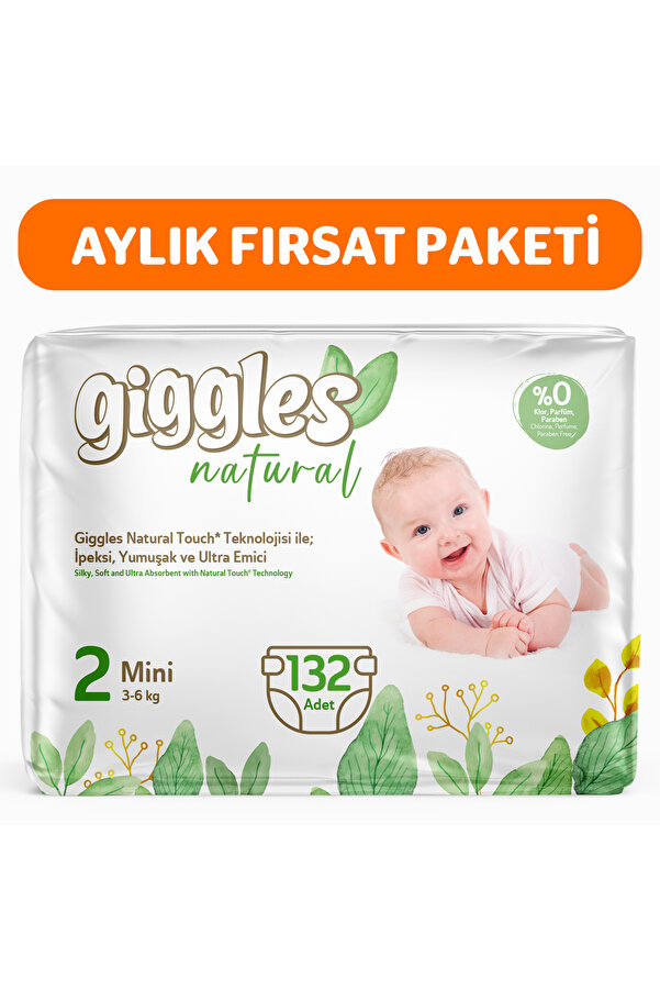 giggles Natural 2 Numara Mini Pamuklu Bebek bezi 132 Adet