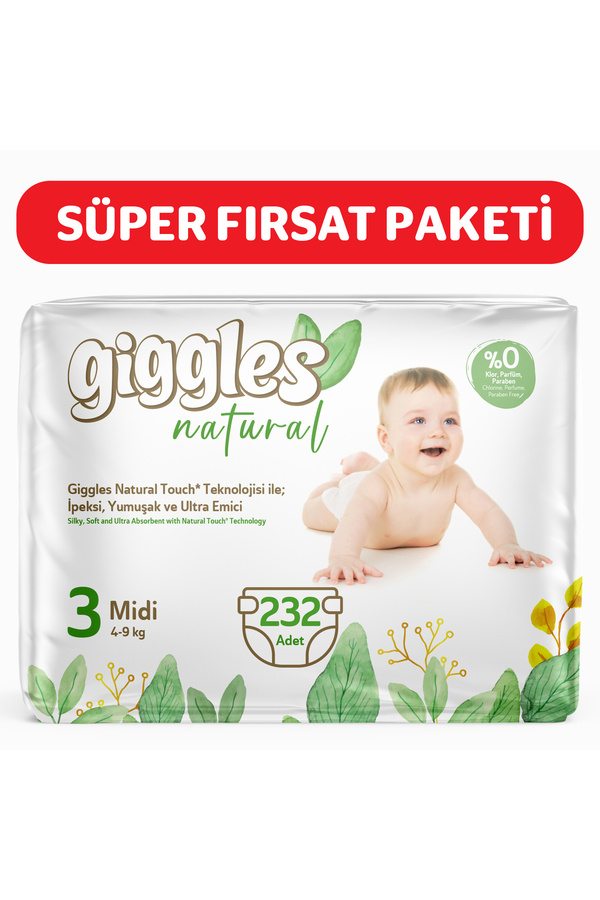 giggles Natural 3 Numara Midi Pamuklu Bebek bezi 232 Adet