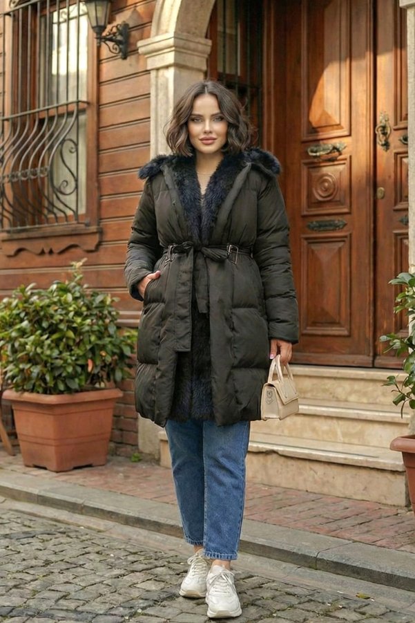 Hb Harma Time Butik Women's Black Puffer Coat with Feather Detailing, Belt, and Pockets
