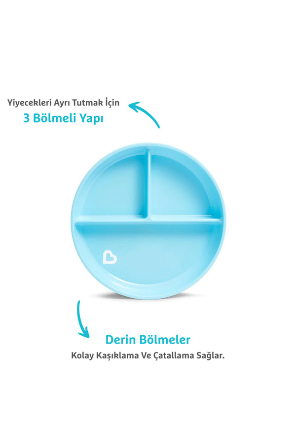 Munchkin Sabit Vakumlu Beslenme Tabağı | 6 Ay+, 3 Bölmeli, BPA İçermez, Mavi– 1 Adet