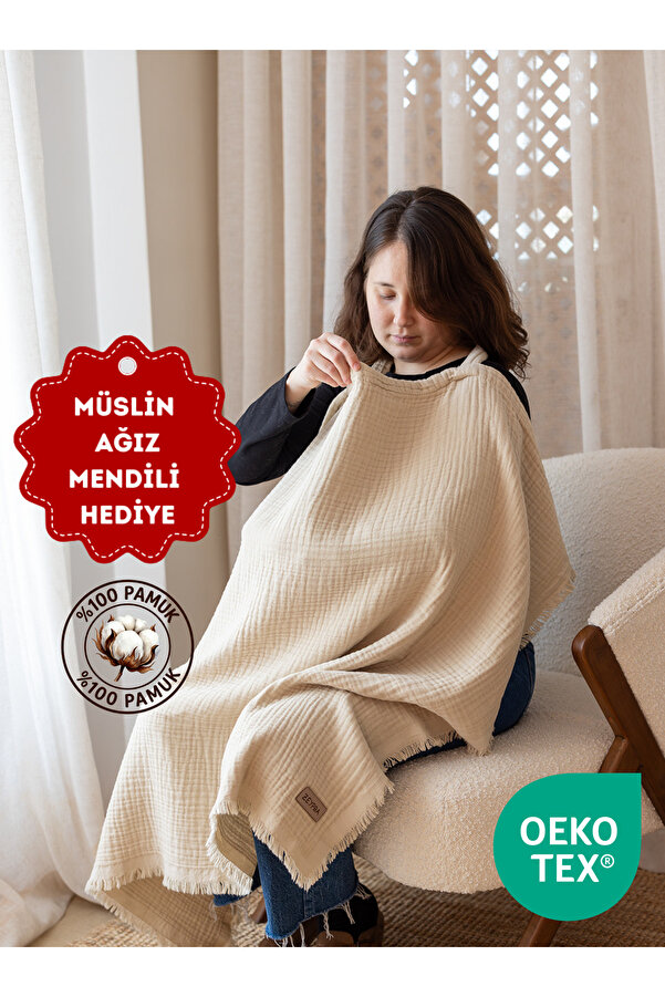 ZEYPBA Bej 4 Katlı Müslin Emzirme Örtüsü & Puset Örtüsü Püsküllü 90x110cm