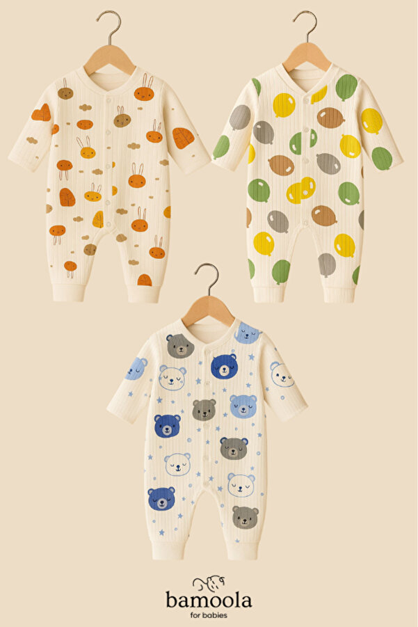 Bamoola %100 Organik Meyve - Hayvan Desenli 3'lü Tulum Pamuklu