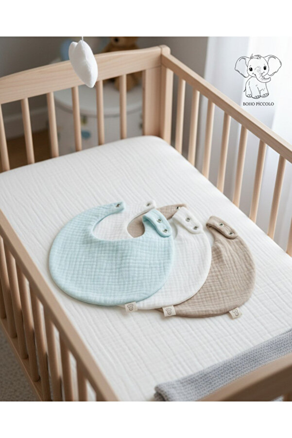 Boho Piccolo Oval 3'lü %100 Pamuk Müslin Bebek Mama Önlüğü / Yakalık / Salya Önlüğü