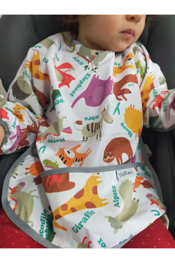yorni 2-4yaş, Zoo, Sıvı Geçirmez, Makinede Yıkanabilir, Cepli, Uzun Kollu Bebek Mama Önlüğü, Önlük