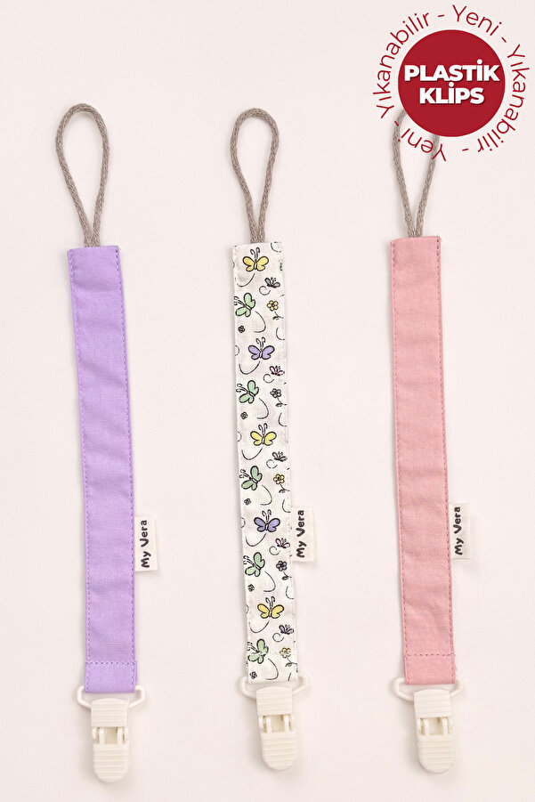 MyVera Lila - Kelebek - Pudra Emzik Askısı Seti - 3'lü Emzik Zinciri Seti