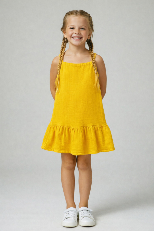 BUUFUU MÜSLİN KUMAŞ ÖRGÜ ASKILI ETEĞİ FIRFIRLI KIZ ÇOCUK ELBİSE