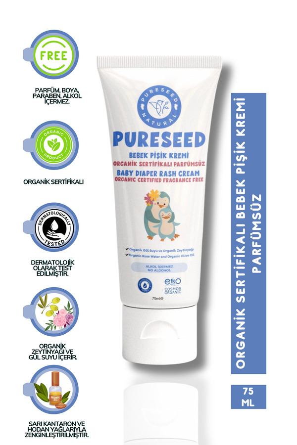 PURESEED NATURAL Organik Sertifikalı Bebek Pişik Kremi Parfümsüz - 75 ml