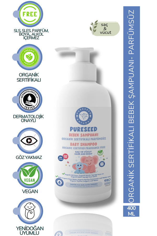 PURESEED NATURAL Organik Sertifikalı Bebek Şampuanı Parfümsüz - 400 ml