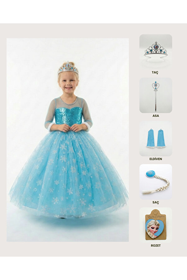 BUTİKHAPPYKİDS Prenses Elsa Kostümü Uzun Kollu Elsa Kostümü Taç Asa Saç Eldiven Rozet 6 Lı Set