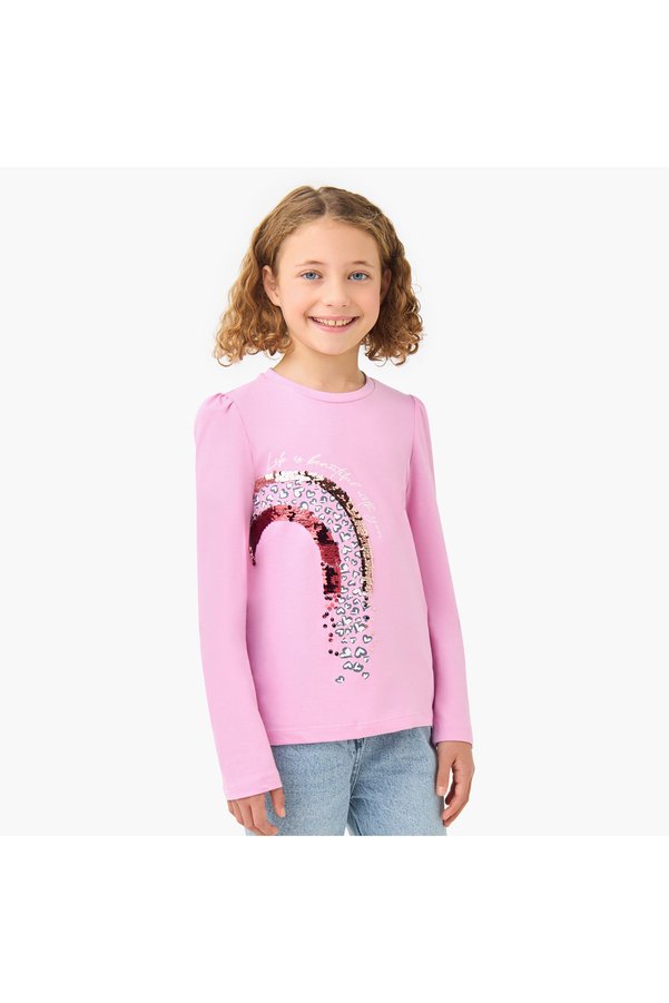 Juniors Girls Crew Neck with Rainbow Sequin Detail - Cotton - Long Sleeves