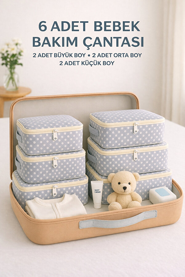 Spartek home textile 6 Parça puantiye desenli - Doğum/Hastane Çıkış Çantası - desenli bebek bakım seti