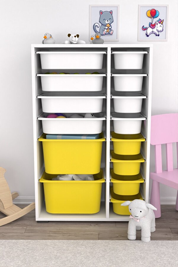 Pratico Rine 14 Sepetli Çok Amaçlı Oyuncak Dolabı Sarı Beyaz 2D4K8U