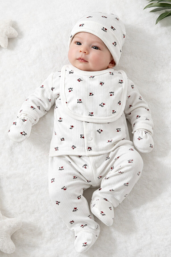 OMY 5'Lİ HASTANE ÇIKIŞI % 100 PAMUKLU SET FİTİLLİ DESENLİ MOM&DAD YENİDOĞAN EXTRA KONFOR