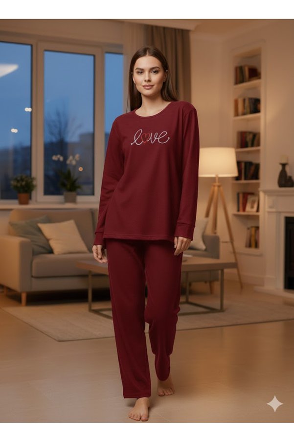 FAMES PİJAMA Women's Winter Burgundy Fleece Pajama Set