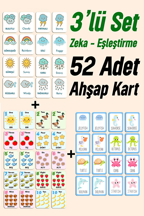 kutuTR 3’lü Set Zeka Eşleştirme Oyunu – 52 Adet Ahşap Kart – Hava Durumu, Sayı Ve Hayvan İngilizce Set 2