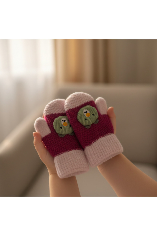 Ma.re accessories Bebek Pembe–Fuşya Triko Hayvan Figürlü Parmaksız Eldiven – 1–3 Yaş