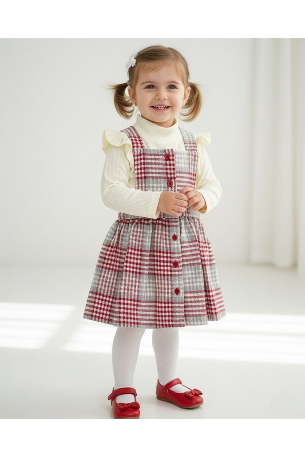 Ege Bebek Kız Çocuk Ekose Desenli 2-3-4-5-6 Yaş Salopet Elbise , Badili 2'li Şık Takım