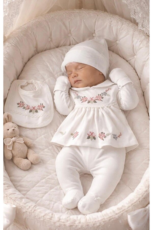 Arin Baby 5 PARÇA ORGANİK PAMUKLU ÇİÇEK NAKIŞLI YENİ DOĞAN KIZ BEBEK HASTANE ÇIKIŞ SETİ/KIZ BEBEK ZIBIN SET