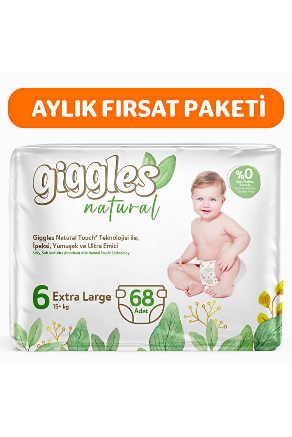 giggles Natural 6 Numara Junior Plus Pamuklu Bebek bezi 68 Adet