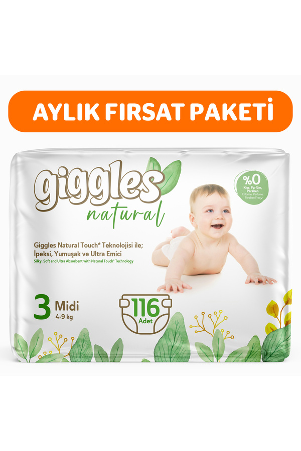 giggles Natural 3 Numara Midi Pamuklu Bebek bezi 116 Adet