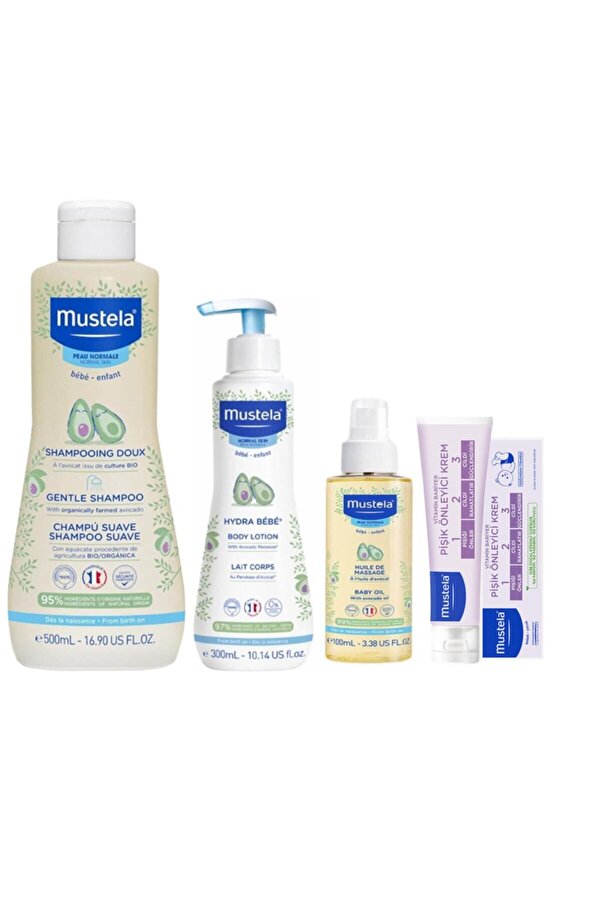 Mustela Merhaba Bebek Seti- Kolay Tarama Sağlayan Şampuan Pişik Kremi Masaj Yağı Vücut Losyonu Bebek Çocuk
