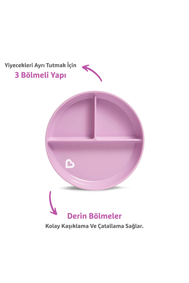 Munchkin Sabit Vakumlu Beslenme Tabağı | 6 Ay+, 3 Bölmeli, BPA İçermez, Mor – 1 Adet