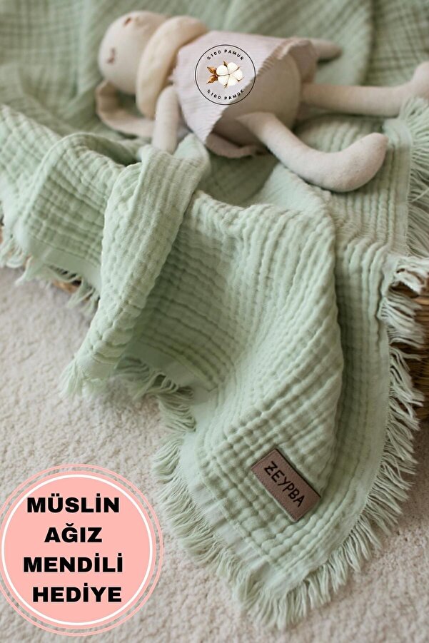 ZEYPBA % 100 Pamuk 4 Katlı Müslin Örtü Suyeşil 110x110 cm (Bebek & Çocuk İçin) Püsküllü Hastane Çıkışı