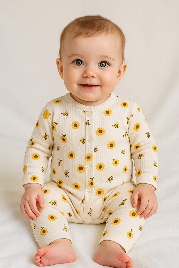 dinamik çocuk Unısex Bebek Safari ve Arı Baskılı Çıtçıtlı Yenidoğan Bebek Tulumu %100 Pamuk Esnek 1-3-6 Aylık