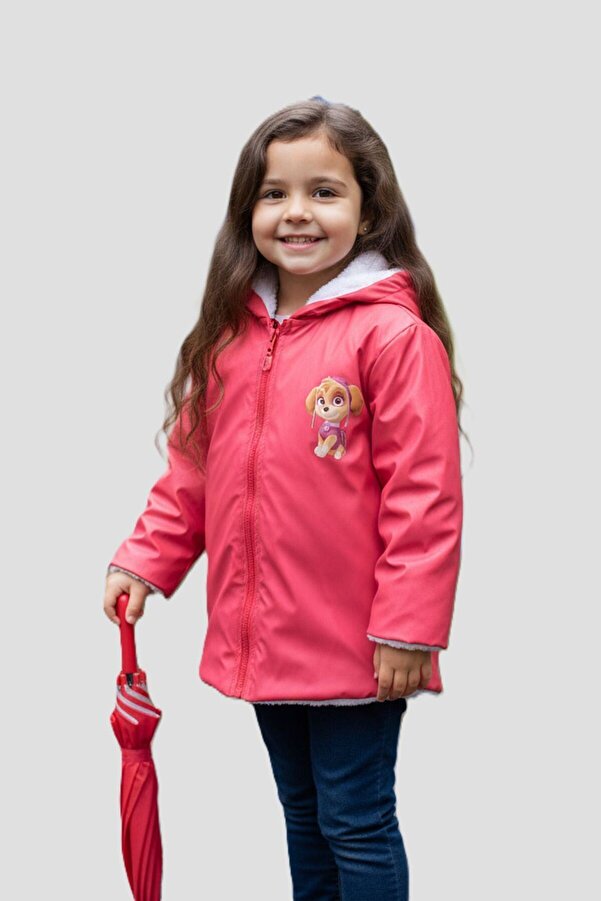 Baby Pearly Çaren Kids - Kürk Astar Fermuar Kapama Kapüşonlu Sırt Baskı Detaylı Unisex Çocuk Yağmurluk