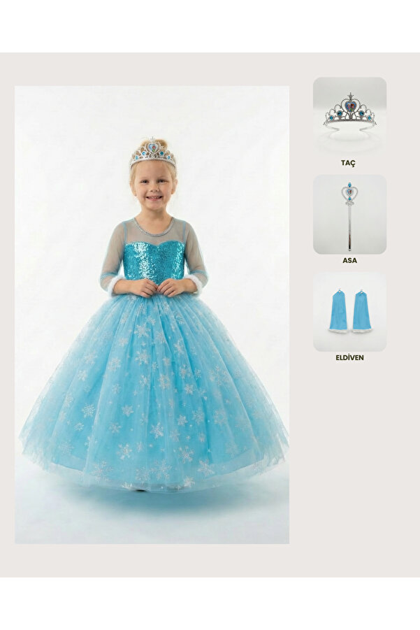 BUTİKHAPPYKİDS Frozen Elsa Kostümü Uzun Kollu Kız Çocuk Prenses Elbisesi Taç+Asa+Eldiven Hediyeli