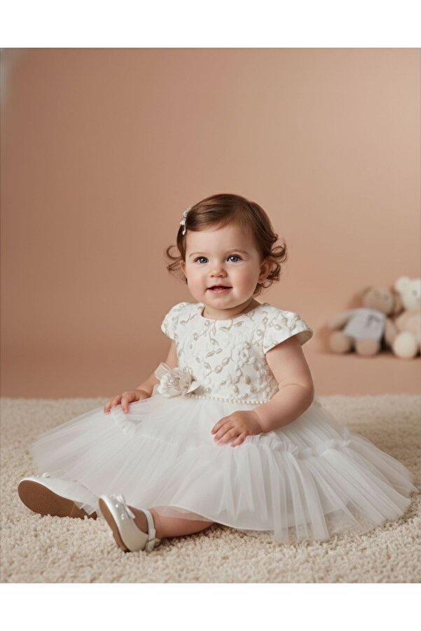 MİNİMONY 1-5 Yaş Kısa Kol Jakarlı Kız Bebek Çocuk Elbise Bayramlık Mezuniyet Balo Abiye Gelinlik Ekru 2028