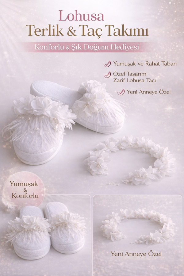 ALAZ TASARIM HOBİ Lohusa Terlik ve Taç Takımı | Konforlu & Şık Doğum Hediyesi