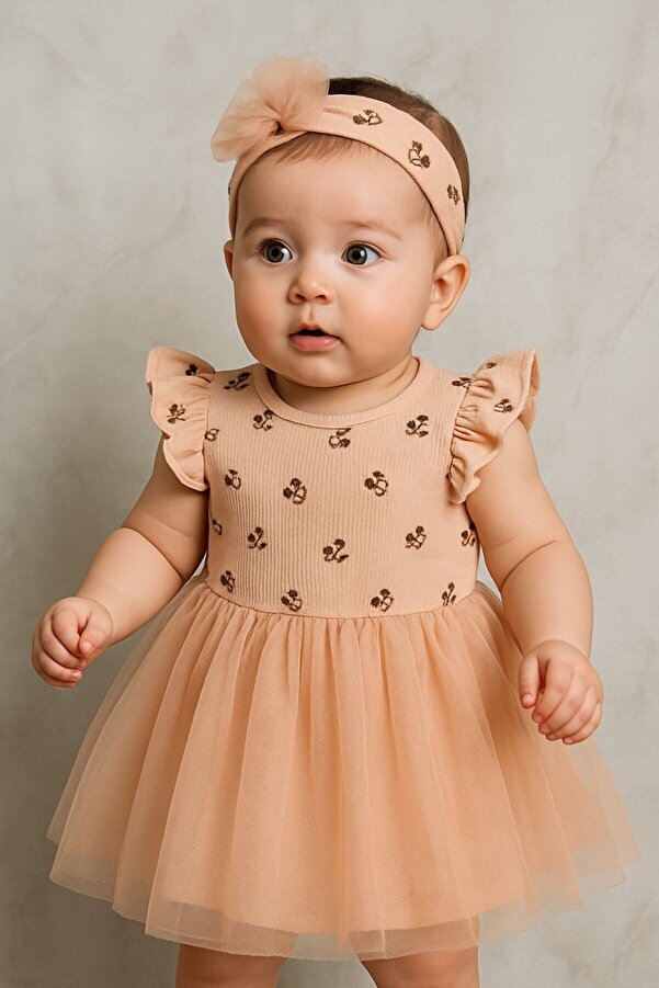 Chicsy Baby Kız Bebek Çiçek Nakışlı Tül Etekli Premium Elbise ve Taç Takımı