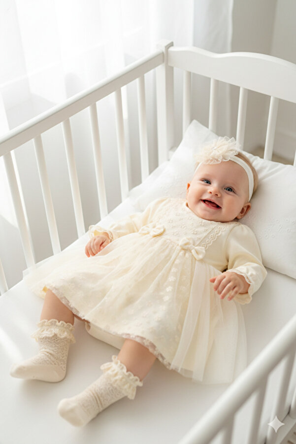 Miniday Baby Kız Bebek Mevlütlük Elbise Bandanalı Dantelli ELB1068