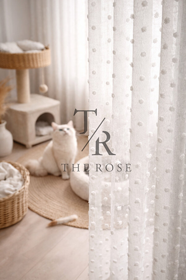 The Rose Beyaz Püsküllü Sık Pileli Tül Perde Puffy Ponponlu Çocuk Odası Salon Tül Perde