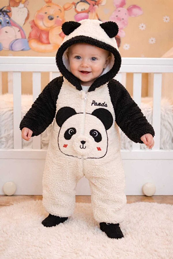BY TUNA DESİGN Kışlık Panda Temalı Kapüşonlu Bebek Tulum – Peluş Welsoft, Fermuarlı