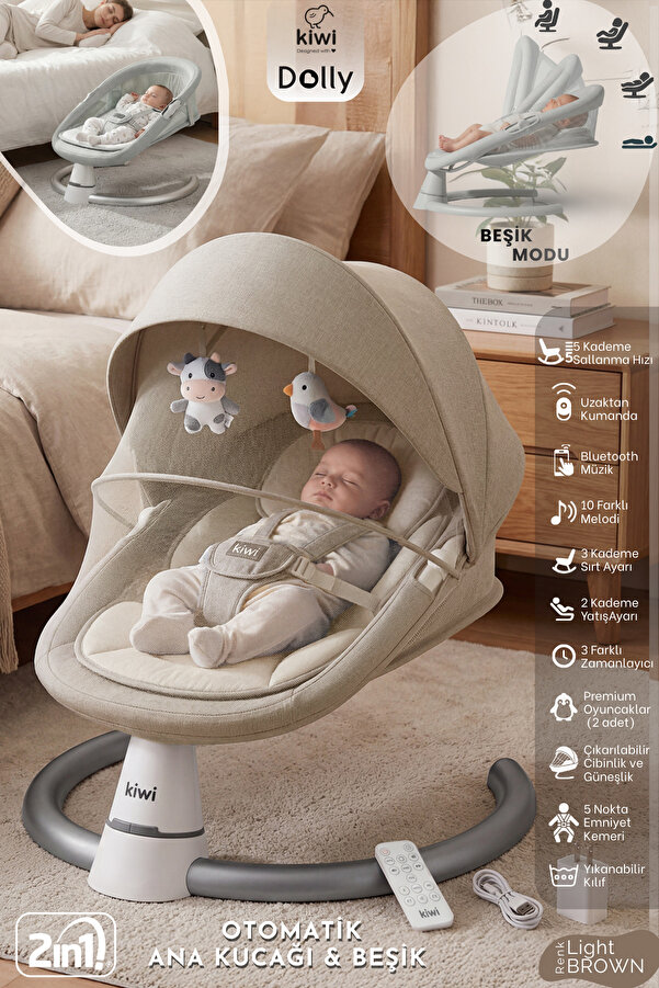 Kiwi Dolly 2in1 Otomatik Sallanan Kademe Ayarlı Beşik ve Anakucağı- Light Brown
