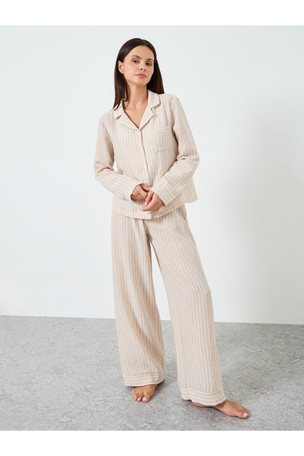 Styli Woven Linen Look Striped Shirt and Pyjama Set