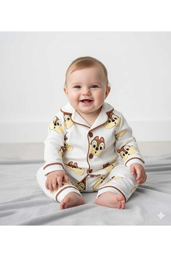 MiniBou Bebek Sincap Desenli Önden Düğmeli Uzun Kollu Pijama Takımı