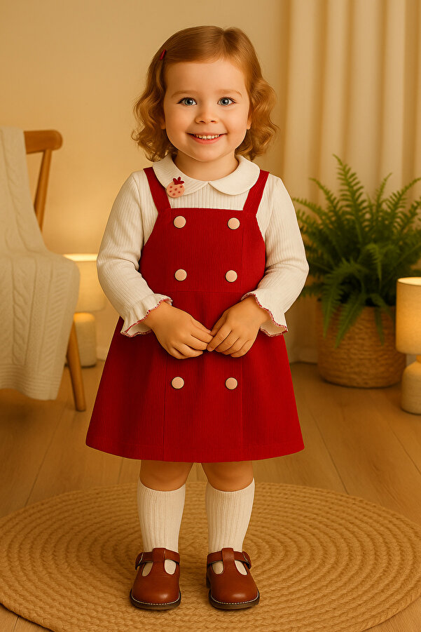 Melekpare Kız Bebek Çocuk Askılı Kadife Elbise Çilek Detaylı Uzun Kollu Badili 2 li