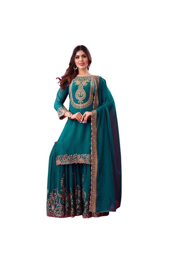 MYSMAR Blue Blooming Faux Georgette Embroidered Kurti Palazzo & Dupatta - HRT2123 | BlueSize:(S-36-Inches)