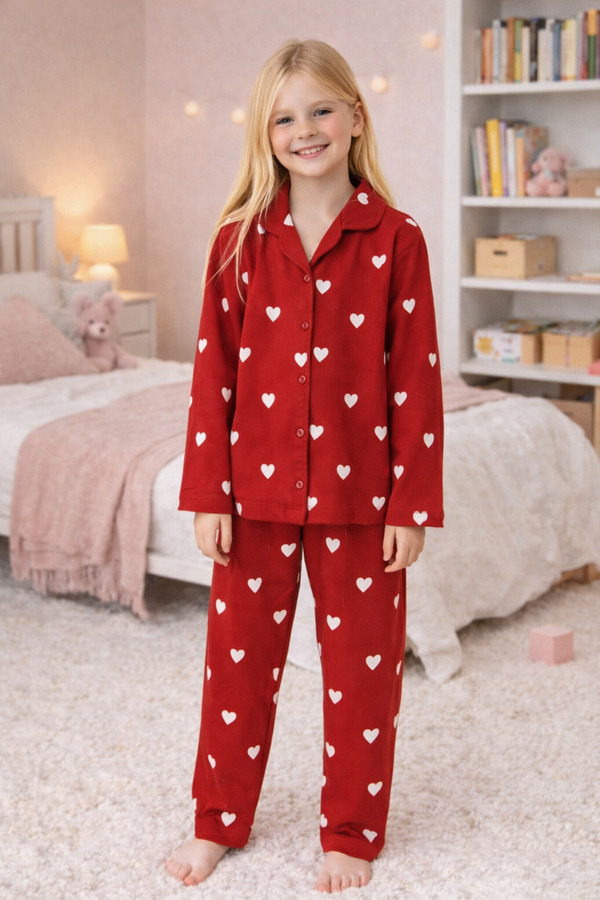 Krazber Kız Çocuk Pijama Takımı Kalp Desen Pamuklu Uzun Kollu