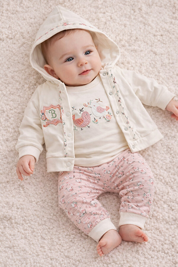 MYZİ STORE Kız Bebek %100 Pamuk 3'lü Nakışlı İç Giyim - Nakışlı Kapüşonlu - Desenli Alt 3 lü Takım