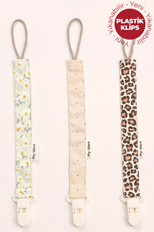 MyVera Yeşil Papatya - Vizon Puantiye - Leopar - Plastik Klipsli Emzik Askısı Seti 3'lü Emzik Zinciri Seti