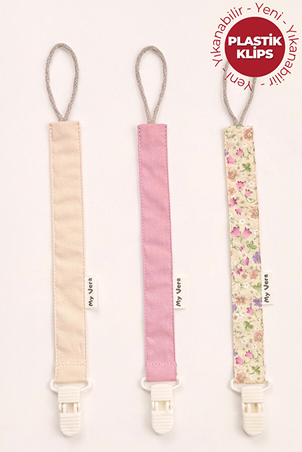 MyVera Bej - Gül Kurusu - Bahar Çiçek Vizon - Plastik Klipsli Emzik Askısı Seti - 3'lü Emzik Zinciri Seti